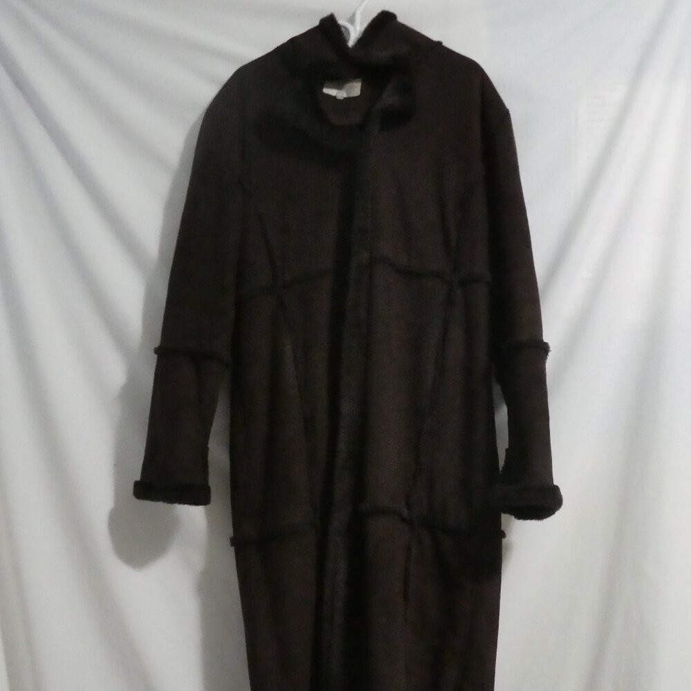 FAIRWEATHER | large | Long Chocolate Brown Faux Suede Coat | Faux Fur Lining